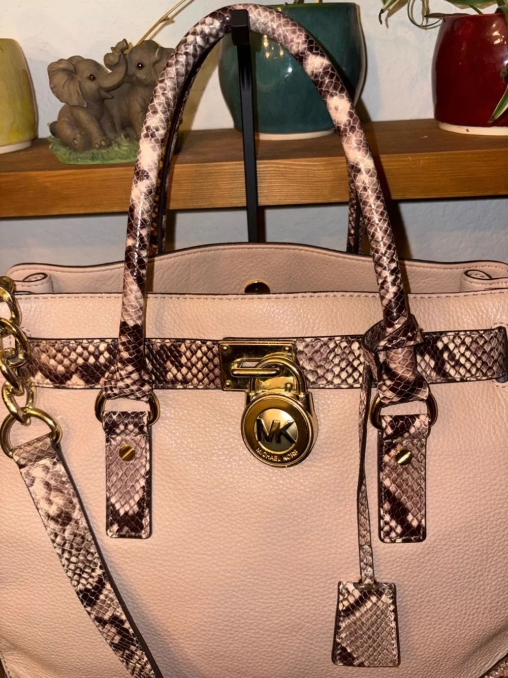 ❤️Michael Kors Hamilton Satchel Snake Trim Lock Bag Blush Beige